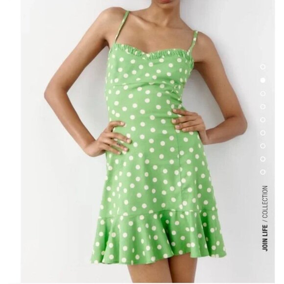 NEW Linen Blend Dress Small Zara Polka Dot Green Print Mini Ruffles Summer NWT - Picture 1 of 13